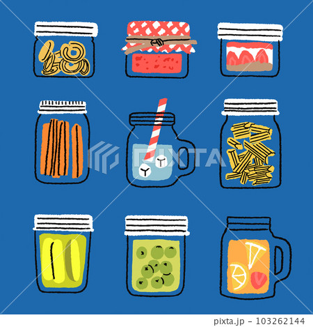 Hand drawn illustration mason jars set. Vector Seamless background pattern of glass food storage isolated on blue background. Container with cookies, jam, pickles, pasta, carrot, dessert, orange, etc. 103262144