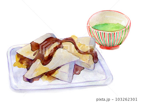 お茶と和菓子のセット　葛餅　水彩イラスト 103262301