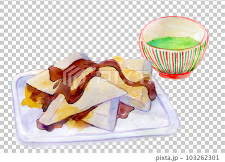 一套茶和日本糖果 Kuzumochi 水彩插圖 103262301