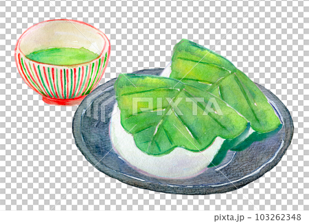 お茶と和菓子のセット　柏餅　水彩イラスト 103262348