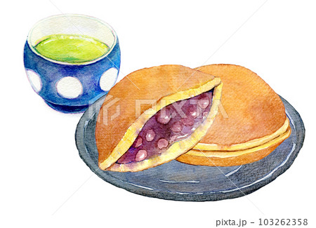 お茶と和菓子のセット　どら焼き　水彩イラスト 103262358