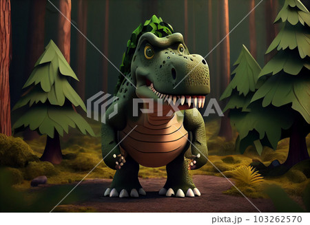 Tyrannosaurus. T. rex dinosaur cartoon character in the forest. Funny animal . Generate Ai. 103262570