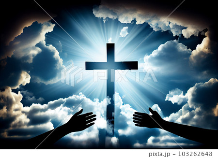 Worship concept: christian people hand in hand over cross on spiritual sky background . Generate Ai. Worship concept: christian people hand in hand over cross on spiritual sky background . Generate Ai. 103262648