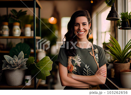Small business owner smiling in her plant shop . Generate Ai. 103262656