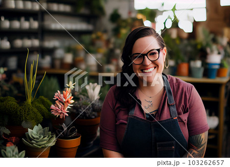 Small business owner smiling in her plant shop . Generate Ai. 103262657