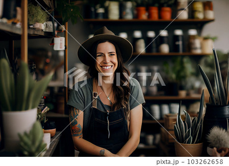 Small business owner smiling in her plant shop . Generate Ai. 103262658