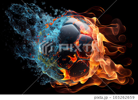 Soccer ball in fire and water. Illustration of the soccer ball enveloped in elements on black background. Generate Ai. 103262659