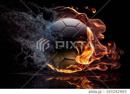 Soccer ball in fire and water. Illustration of the soccer ball enveloped in elements on black background. Generate Ai. Soccer ball in fire and water. Illustration of the soccer ball enveloped in elements on black background. Generate Ai. 103262663