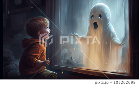 The child scaring to see the ghost, digital art style, illustration painting. Generate Ai. The child scaring to see the ghost, digital art style, illustration painting. Generate Ai. 103262698