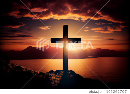 The Cross on sunset background. Generate Ai. The Cross on sunset background. Generate Ai. 103262707