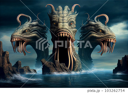Three head sea monster fantasy 3D illustration digital art landscape wallpaper. Generate Ai. Three head sea monster fantasy 3D illustration digital art landscape wallpaper. Generate Ai. 103262754