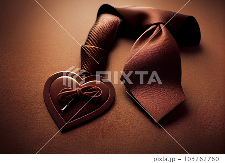 Tie with love heart on brown background, happy fathers day concept. Generate Ai. 103262760