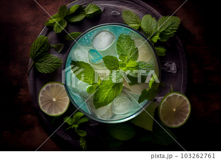 Top view of refreshing mint cocktail mojito. Generate Ai. Top view of refreshing mint cocktail mojito. Generate Ai. 103262761
