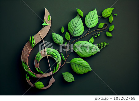 Treble clef music notes made from nature green leaf. Concept of World Music Therapy Day . Generate Ai. Treble clef music notes made from nature green leaf. Concept of World Music Therapy Day . Generate Ai. 103262769