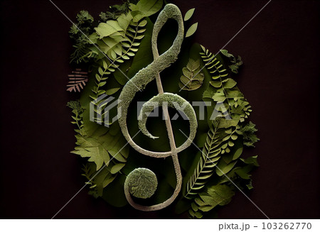 Treble clef music notes made from nature green leaf. Concept of World Music Therapy Day . Generate Ai. 103262770