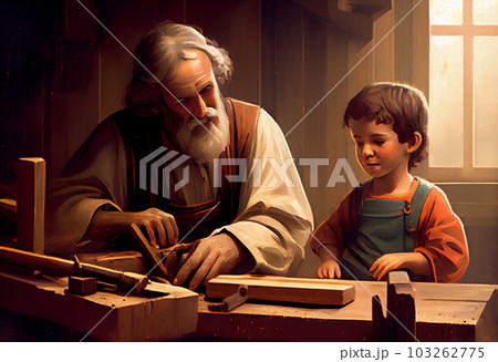 Saint Joseph of Nazareth teaches Jesus Christ about carpentry. Father's Day. Saint Joseph the Worker. Generate Ai. Saint Joseph of Nazareth teaches Jesus Christ about carpentry. Father's Day. Saint Joseph the Worker. Generate Ai. 103262775