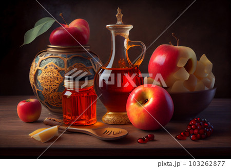Rosh hashana jewish holiday concept - apples, honey, pomegranat . Generate Ai. 103262877