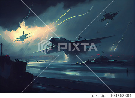 illustration painting of planes flying in the storm . Generate Ai. 103262884