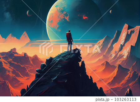 illustration painting of man on top of mountain looking at another new planet. Generate Ai. 103263113