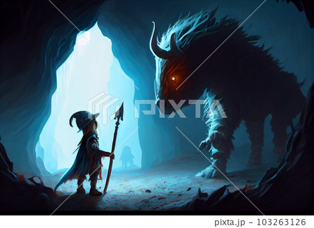 Horse monster looking at little hero with sword in the cave.. Generate Ai. Horse monster looking at little hero with sword in the cave.. Generate Ai. 103263126