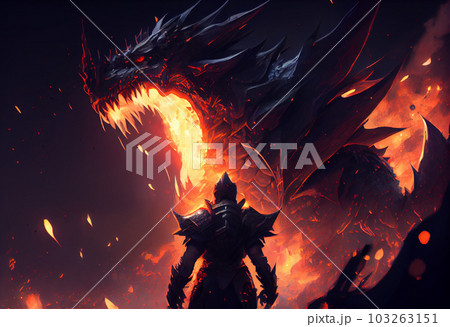 Fire breathes explode from a giant dragon in a black night, the epic battle evil concept. Generate Ai. Fire breathes explode from a giant dragon in a black night, the epic battle evil concept. Generate Ai. 103263151