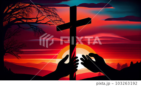 God's helping hand and cross on sunset background. Generate Ai. 103263192