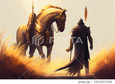 A golden knight and his horse walking to field of swords. Generate Ai. 103263304