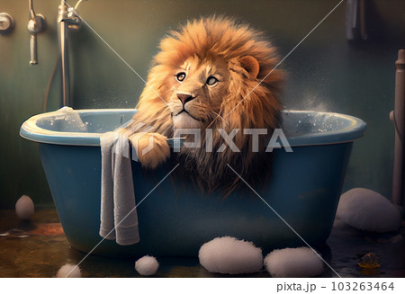 Cute lion in bathtub , pets cleaning. Generate Ai. 103263464