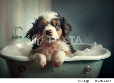 Cute puppy dog in bathtub , pets cleaning, studio shot. Generate Ai. Cute puppy dog in bathtub , pets cleaning, studio shot. Generate Ai. 103263482