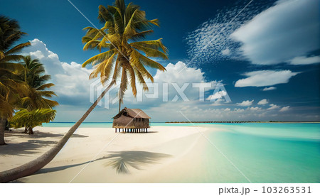 Coconut Palm tree on amazing perfect white sandy beach in island of Maldives. . Generate Ai. Coconut Palm tree on amazing perfect white sandy beach in island of Maldives. . Generate Ai. 103263531