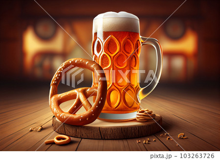 Beer and Pretzel on wooden background, Oktoberfest. Generate Ai. 103263726