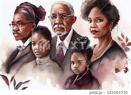 Big African American family watercolor portrait. February, African American History day. Generate Ai. 103263730