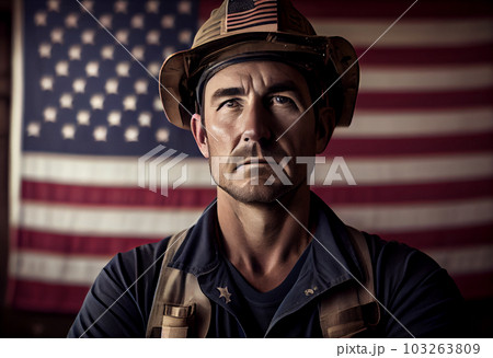 A serious worker man and american flag. Generate Ai. A serious worker man and american flag. Generate Ai. 103263809