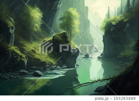 A Dreamy green River Illustration hand drawn . Generate Ai. 103263889