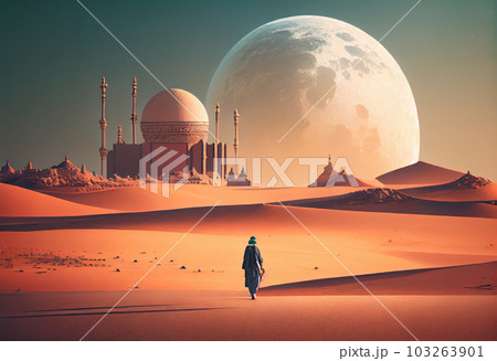 A man walking towards a large moon in a desert with a large mosque in the background . Generate Ai. A man walking towards a large moon in a desert with a large mosque in the background . Generate Ai. 103263901