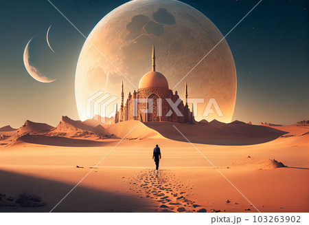 A man walking towards a large moon in a desert with a large mosque in the background . Generate Ai. 103263902