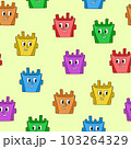 Seamless pattern with colorful robot faces doodle style, vector illustration on yellow background. Childish decorative design for wrapping and packaging, funny character 103264329