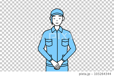 手を組んでお辞儀する帽子と作業着姿の女性 手を組んでお辞儀する帽子と作業着姿の女性 103264344