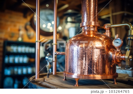 A close-up shot of a vintage copper still used for moonshine production, showcasing the craftsmanship and history behind the process. Generative Ai A close-up shot of a vintage copper still used for moonshine production, showcasing the craftsmanship and history behind the process. Generative Ai 103264765