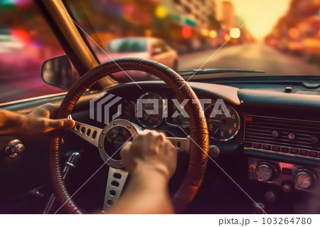 A close-up image of a driver's hand firmly gripping the steering wheel as their car overtakes, with a blurred background, focusing on the driver's determination and control. Generative AI 103264780