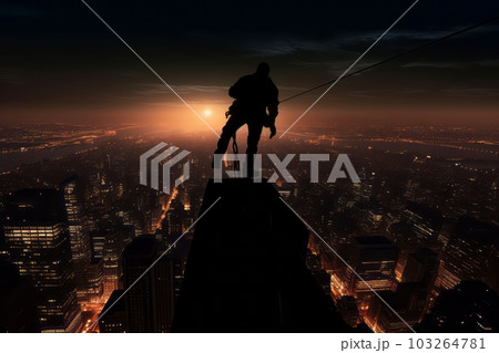 Hitman scaling a tall building, using ropes and climbing gear, with a cityscape in the background, evoking a sense of danger and stealth. Generative AI 103264781
