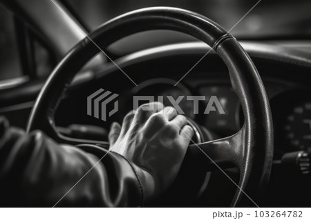 A close-up image of a driver's hand firmly gripping the steering wheel as their car overtakes, with a blurred background, focusing on the driver's determination and control. Generative AI 103264782