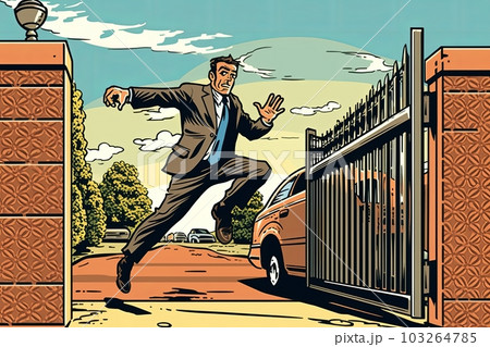 Illustration of a secret agent escaping from a pursuing vehicle, jumping over obstacles , exemplifying their resourcefulness and ability to think on their feet. Generative AI 103264785