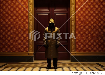 Masked figure standing at the entrance of a secret society, capturing the secrecy and exclusivity. Generative Ai 103264807