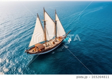 Aerial view of a private yacht sailing on calm waters, representing the luxurious and extravagant lifestyle. Generative AI Aerial view of a private yacht sailing on calm waters, representing the luxurious and extravagant lifestyle. Generative AI 103264811