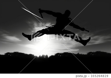 Dramatic silhouette of samurai in action, leaping through the air with his weapons drawn, showcasing his agility and combat skills. Generative AI 103264819