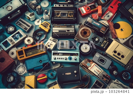 A collage of retro objects such as cassette tapes, floppy disks, and vintage electronics, creating a nostalgic atmosphere. Generative AI A collage of retro objects such as cassette tapes, floppy disks, and vintage electronics, creating a nostalgic atmosphere. Generative AI 103264841