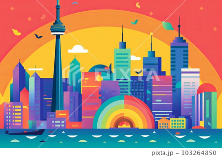 Illustration of a rainbow-colored cityscape with iconic landmarks, representing the global reach and acceptance of the LGBTQ community. Generative AI 103264850