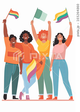 Illustration of a group of people wearing Pride-themed T-shirts , promoting love and acceptance. Generative Ai Illustration of a group of people wearing Pride-themed T-shirts , promoting love and acceptance. Generative Ai 103264860