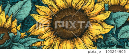 An illustrative banner showcasing a close-up of a blooming sunflower with intricate details, capturing the radiant beauty and warmth of nature. Generative AI 103264906